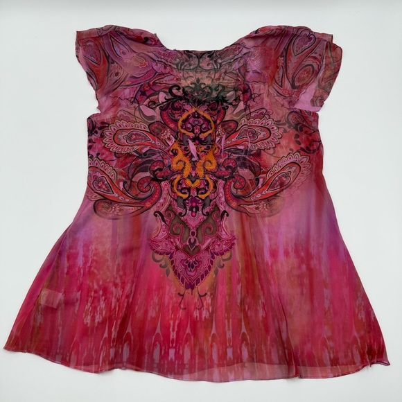 Unity World Wear Women’s Pink Orange Studded Patterned Top Medium Flutter Sleeve - Picture 8 of 14